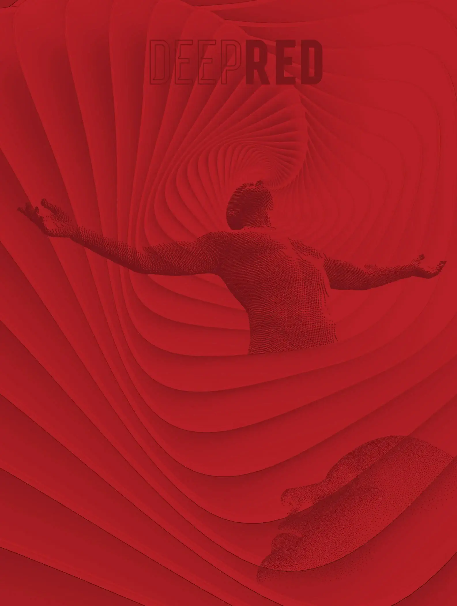 Artistic red design featuring a stylized human figure.